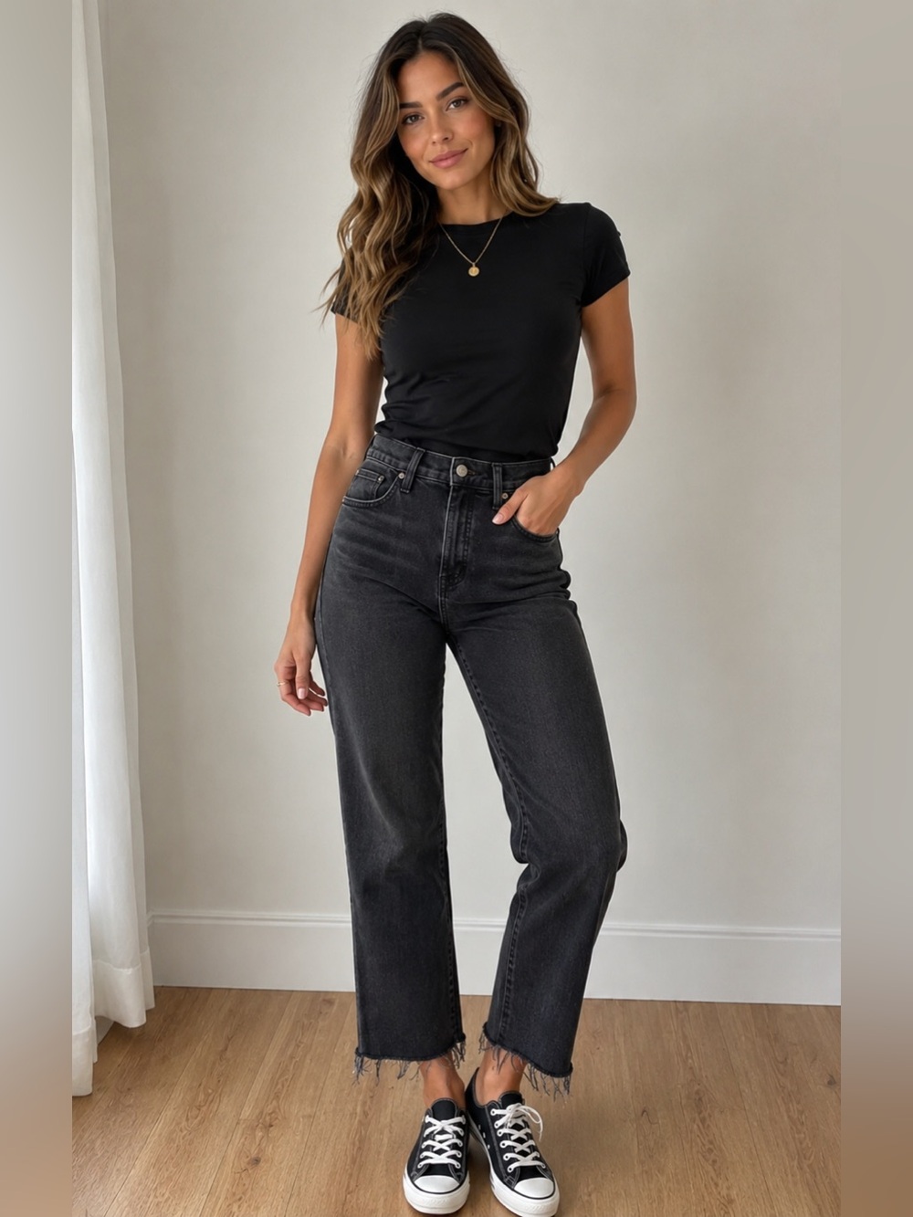 Madewell Black Straight-Leg Jeans with Frayed Hem